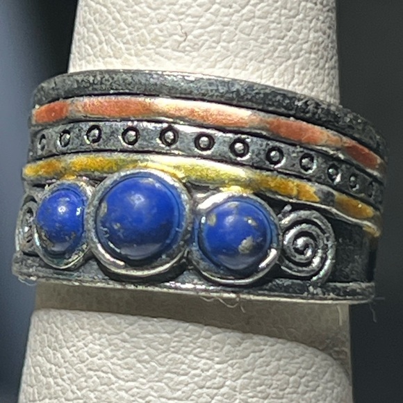 Silver and Gold Tone Ring with Blue Lapis Lazuli  Accents - Picture 1 of 8